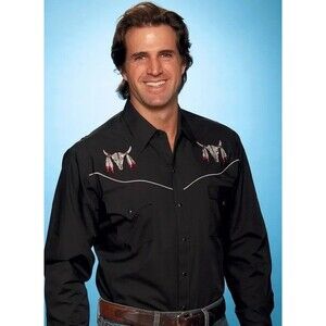 Ely Cattleman Long Sleeve Western Snap Shirt Cow Skull Embroidery Mens L Black